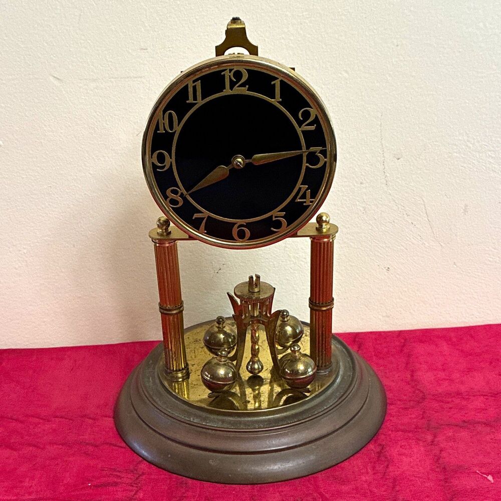Mechanical Mantel Clock Gold Finish Black Dial Pendulum Dome Arabic Numerals